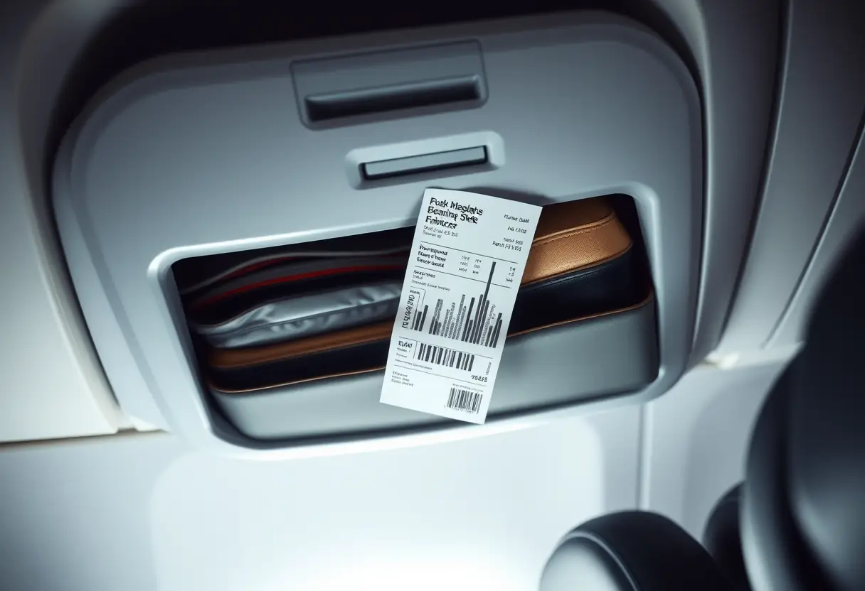 Un compartiment à bagages dans un avion rempli de valises souples, avec un billet d'embarquement partiellement visible collé sur la porte du compartiment
