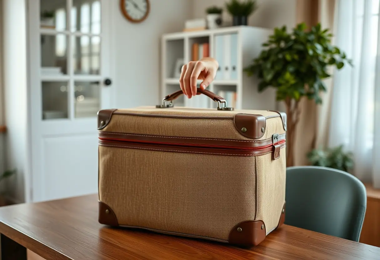 Une main ferme la fermeture éclair d'une valise en tissu posée sur une table en bois dans un bureau à la maison