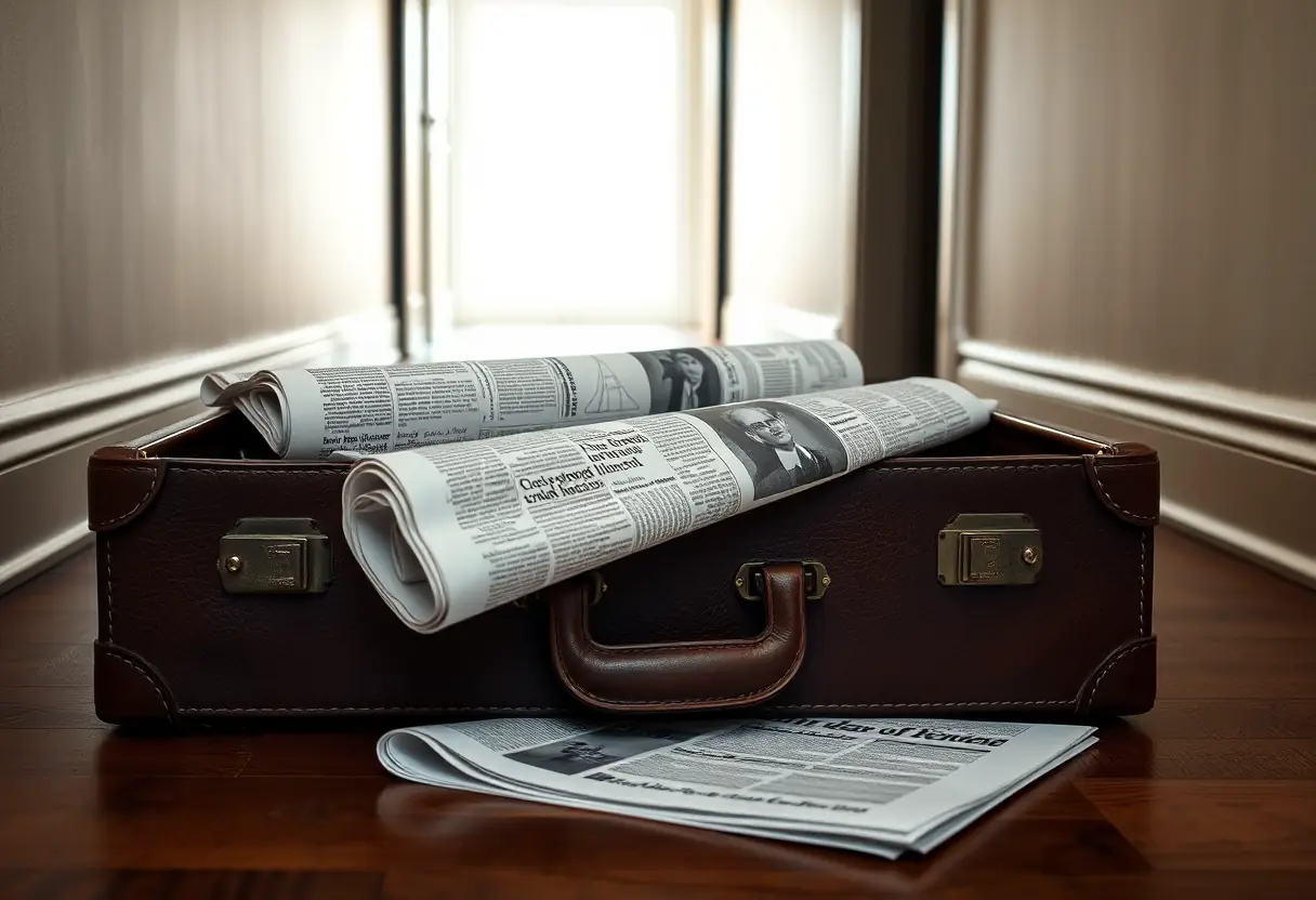 Une valise en cuir ouverte sur un plancher en bois dans un couloir, contenant un journal roulé