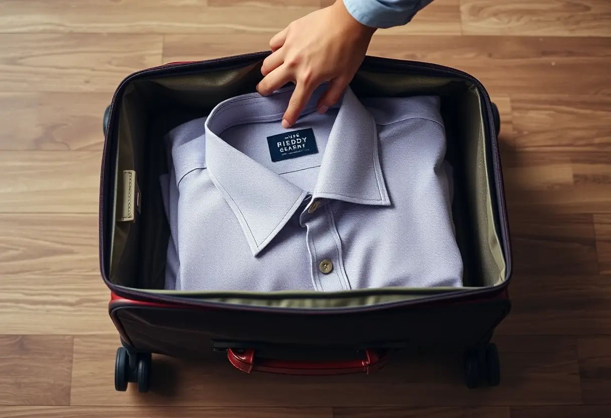 Une main plongeant dans une valise en tissu de taille moyenne pour retirer un T-shirt soigneusement plié