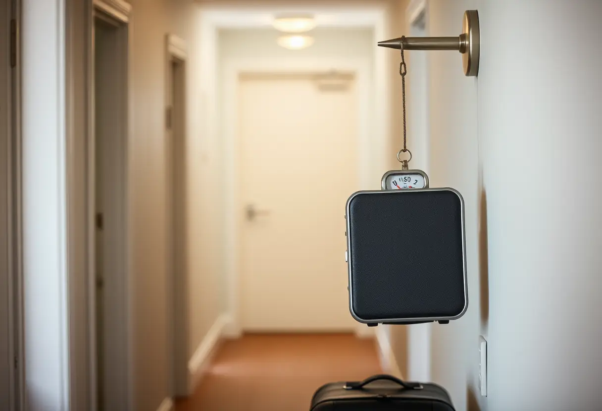 Un fil de boucher accroché à un porte-manteau dans un couloir, avec une valise à côté