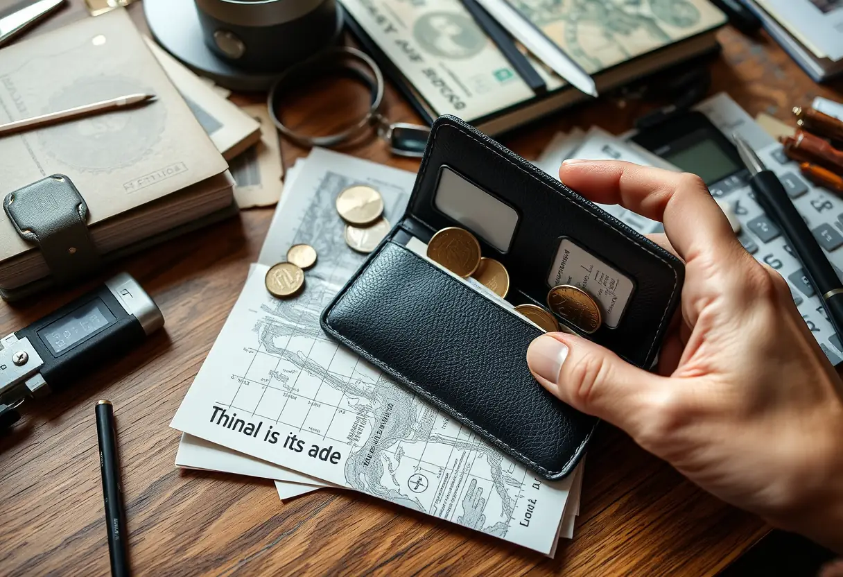 Une main remplit un porte-monnaie de voyage posé sur un bureau encombré