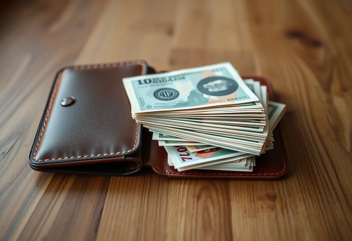 Un portefeuille de voyage en cuir doux contenant des billets de banque bien rangés sur une table en bois
