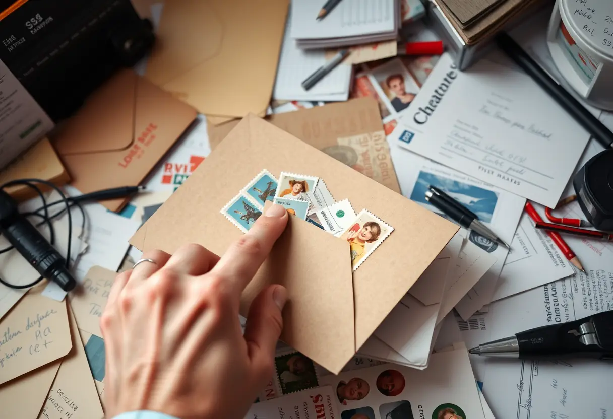 Une main mettant des timbres dans une enveloppe cartonnée sur un bureau encombré