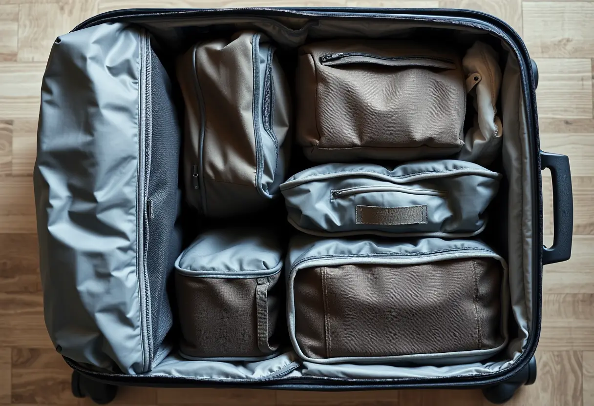 Des cubes de rangement bien organisés à l'intérieur d'une valise