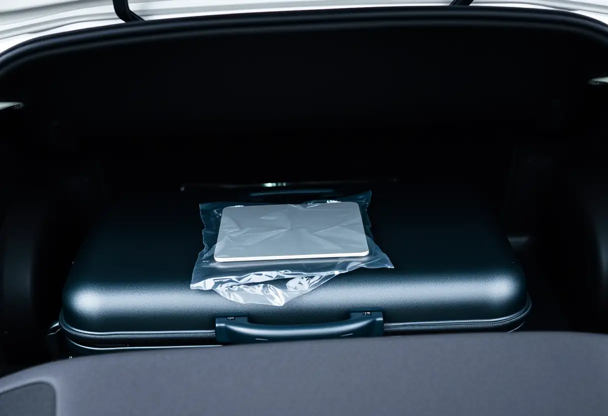 Une valise fermée sur le coffre d'un véhicule, le hayon partiellement ouvert, avec une pièce rectangulaire de plastique visible au sommet des bagages