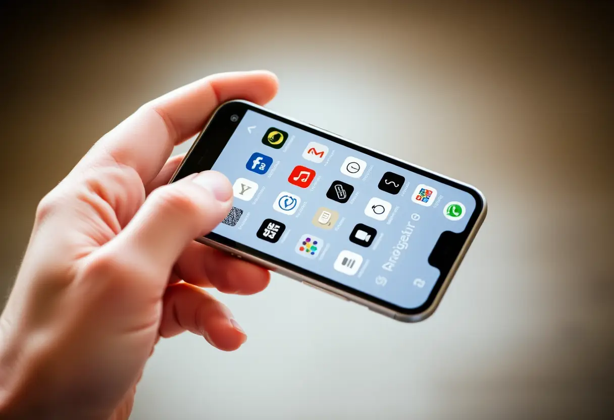 Une main tenant un smartphone affichant une application avec divers icônes et boutons