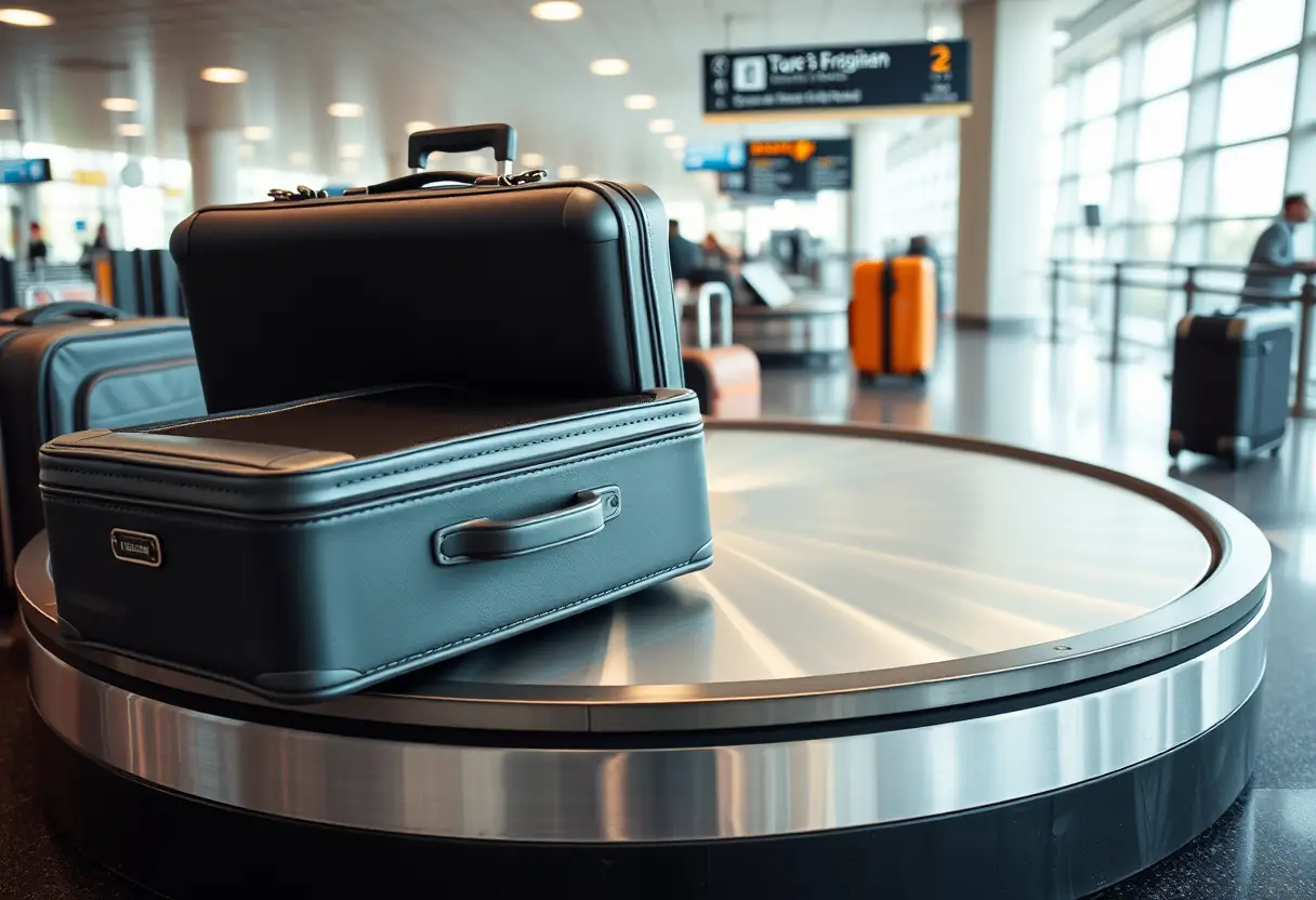 Une valise posée sur un tapis de transport de bagages à l'aéroport, avec d'autres valises en mouvement autour