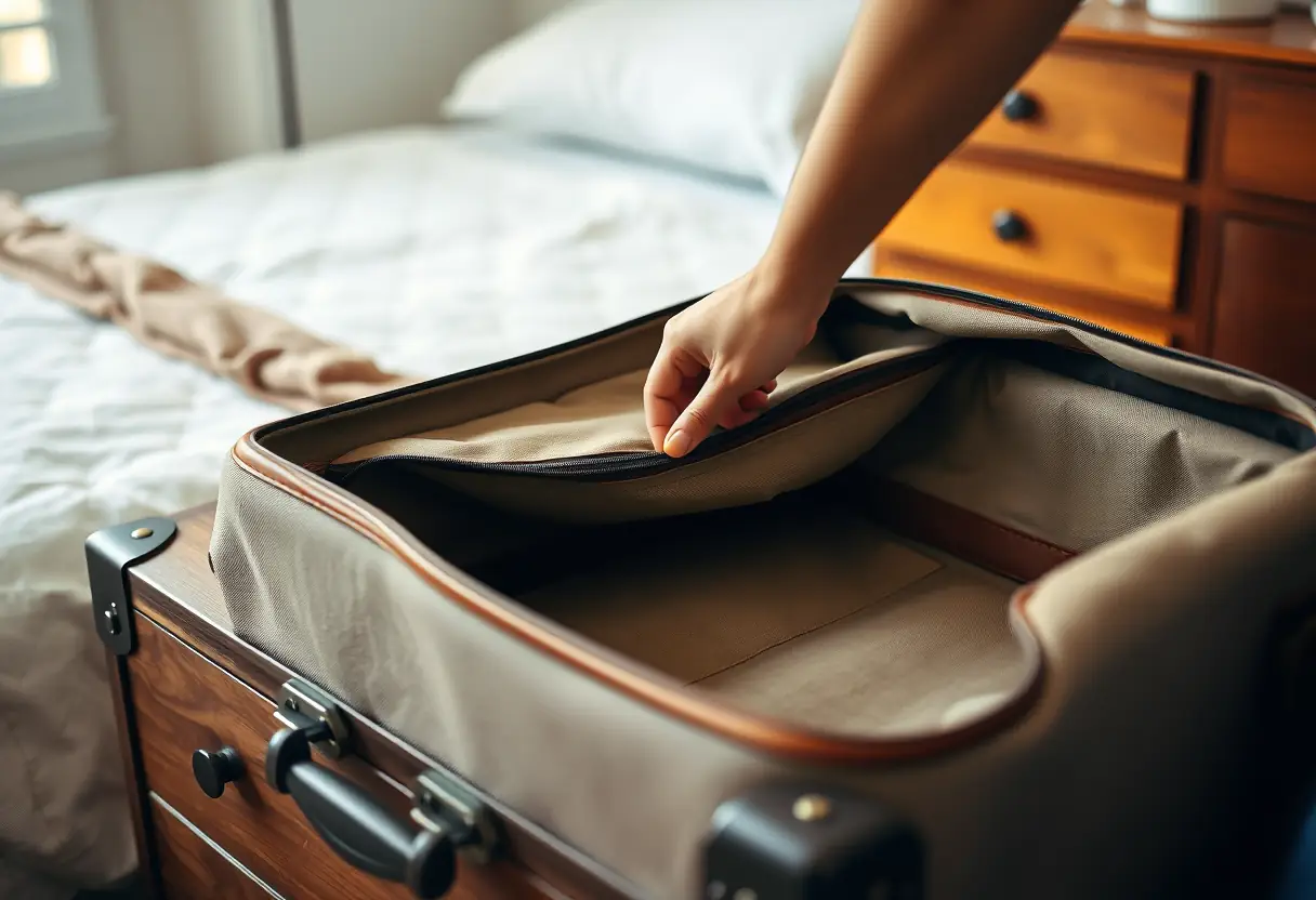 La main d'une personne en train d'ouvrir un grand sac de voyage en toile et cuir posé sur une commode en bois.