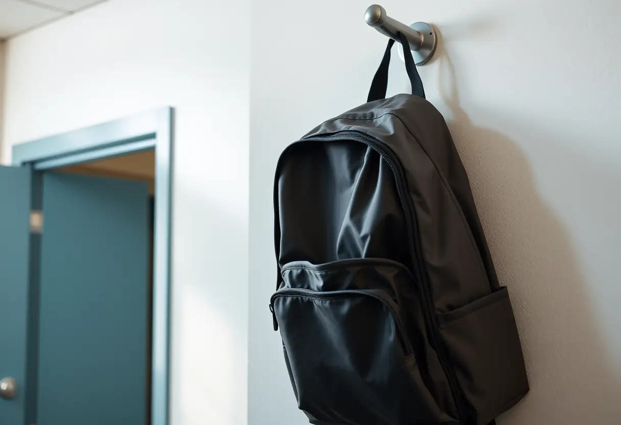 Un sac à dos en nylon accroché à un anneau métallique fixé au mur d'une chambre d'étudiant, avec des compartiments visibles.