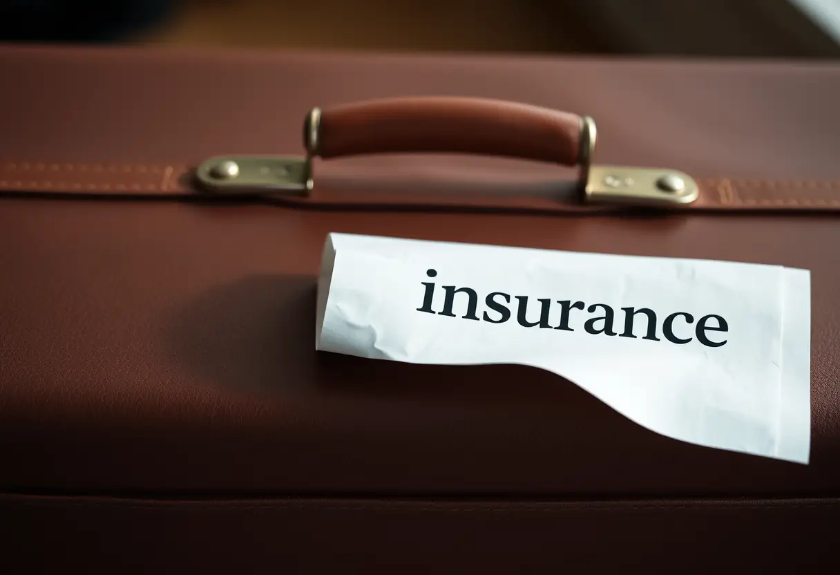 Une valise en cuir fermée avec une police d'assurance pliée sous son anse