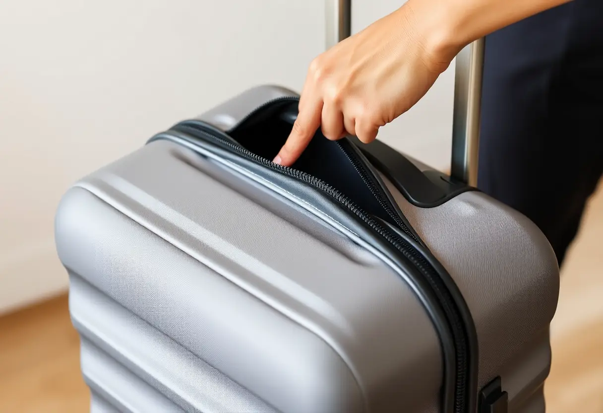 Une main zippant une valise rectangulaire moyenne en polyester