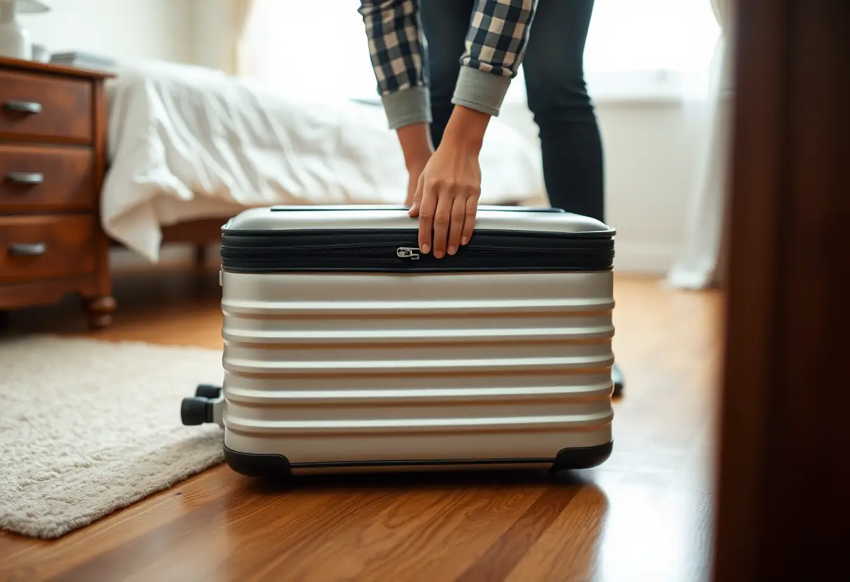 La main d'une personne ferme la fermeture à glissière d'une valise moyenne posée sur le plancher d'une chambre