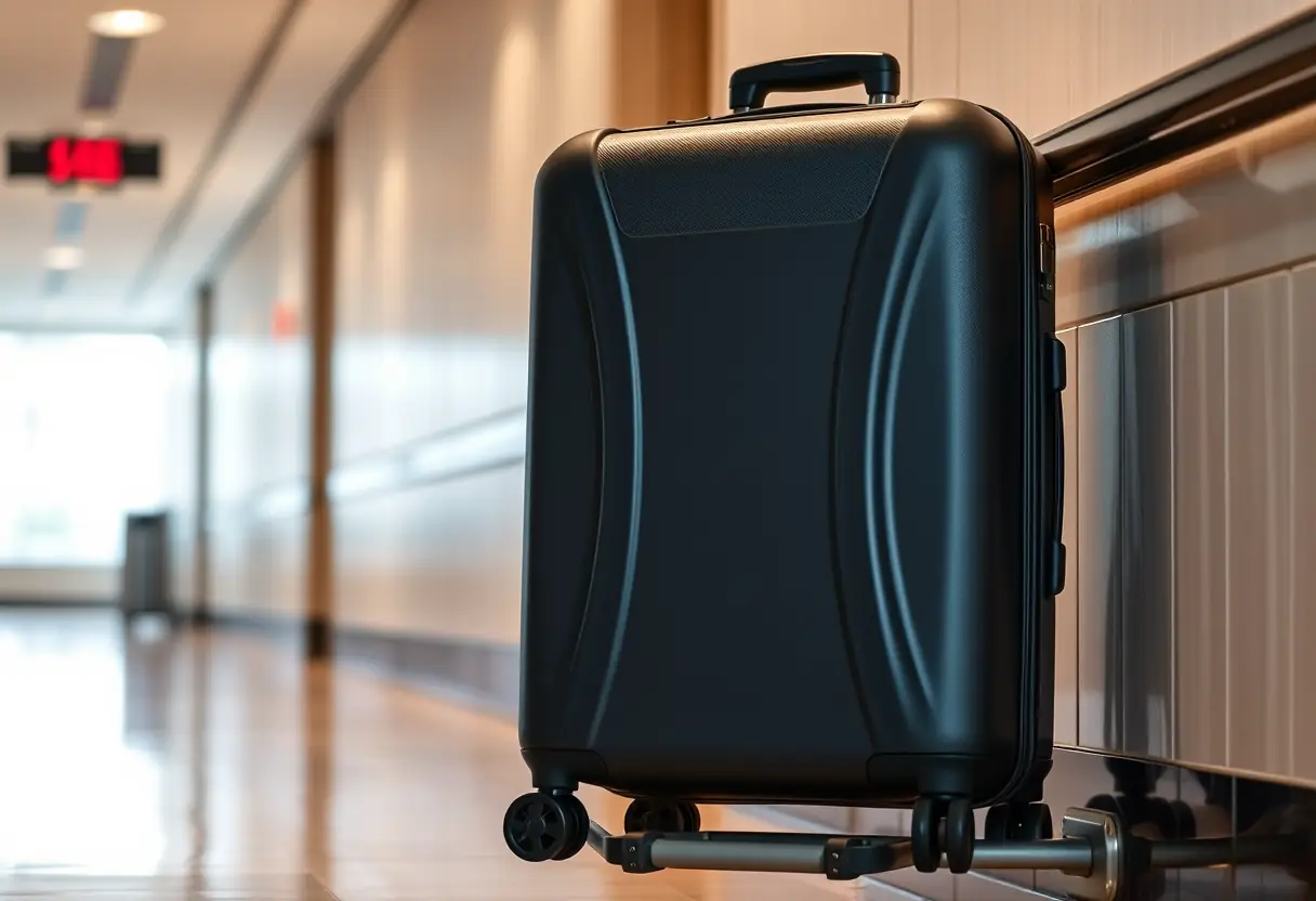 Une valise fermée de taille moyenne posée sur la barre à bagages d'un couloir d'hôtel