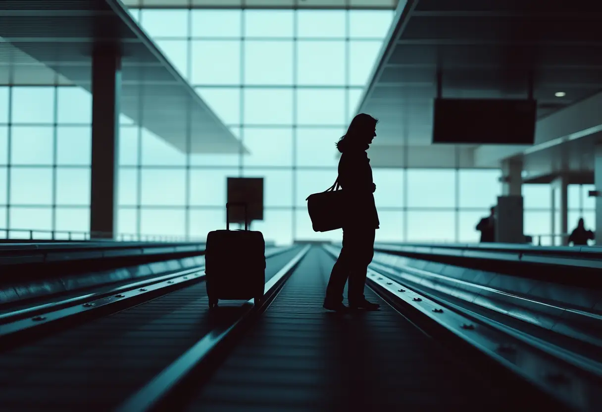 Un silhouetté se tient près d'une valise sur un tapis de bagages dans un aéroport