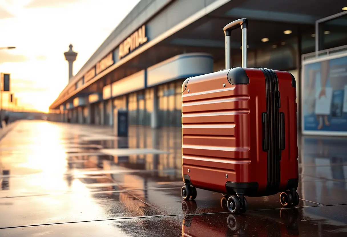 Une valise aux roues posée sur une rue mouillée à l'extérieur d'un terminal d'aéroport international, reflétant le ciel du matin