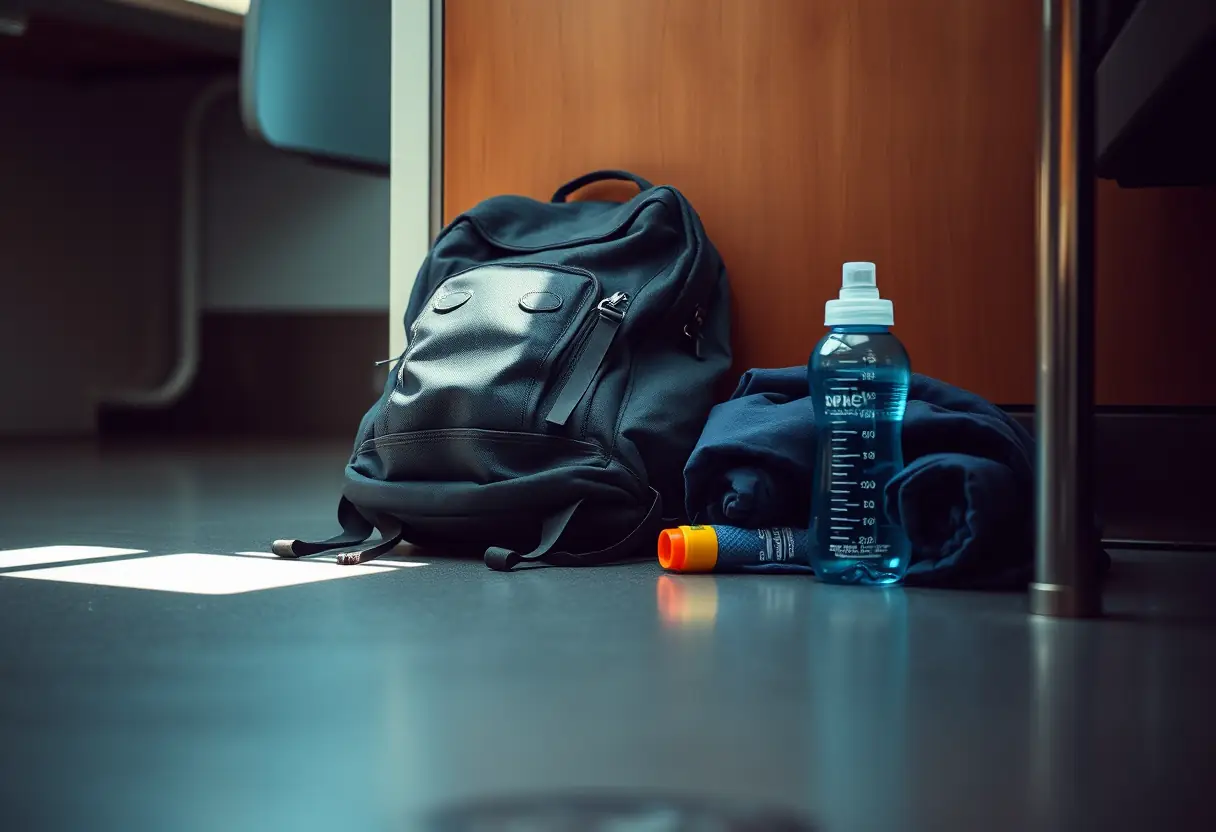 Un sac à dos repose sur le plancher d'une compartiment de train, à côté une veste roulée et une bouteille d'eau