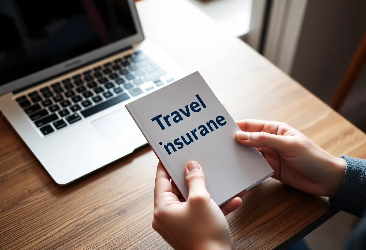Une main tient un petit livret d'assurance voyage assis à une table en bois avec un ordinateur portable