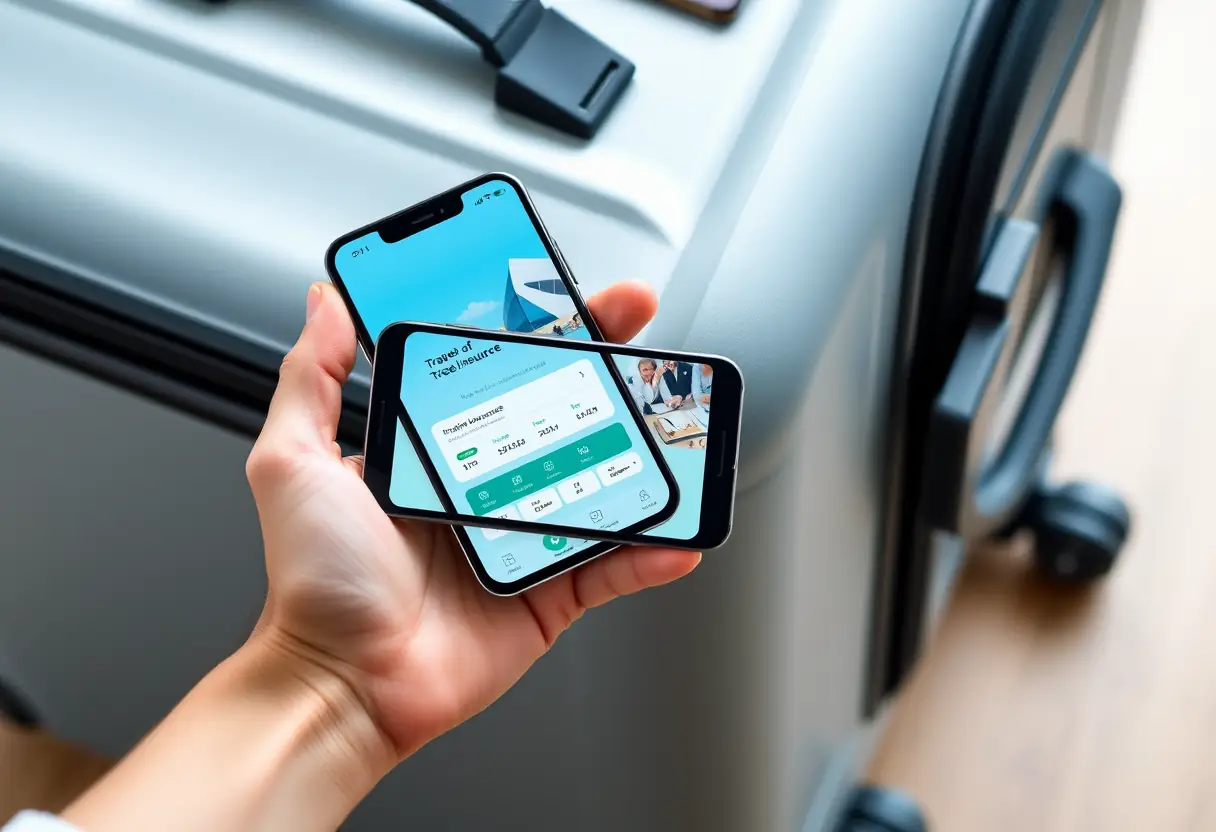 Une main tenant un smartphone près d'une valise et d'un passeport