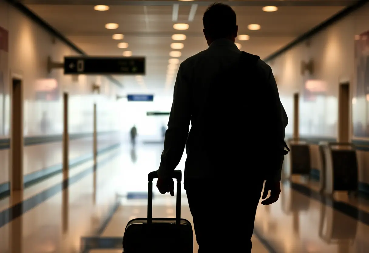 Un silhouettre d'une personne vue de dos, portant une valise et un sac à dos dans un couloir d'aéroport
