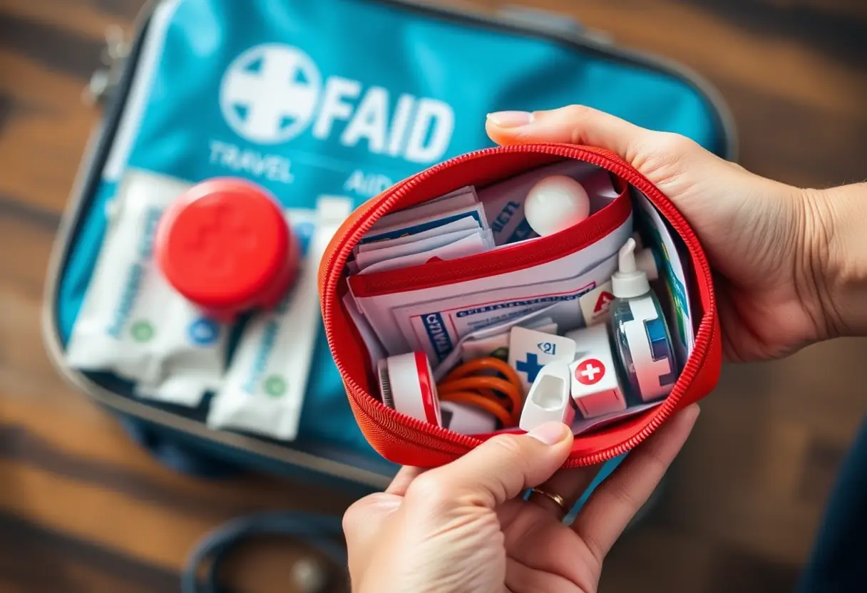 Un kit de premiers soins de voyage remplit avec des fournitures médicales bien organisées
