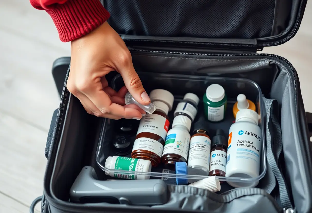 Une main de voyageur arrange un ensemble de bouteilles de médicaments dans un étui en plastique transparent à l'intérieur d'une valise fermée
