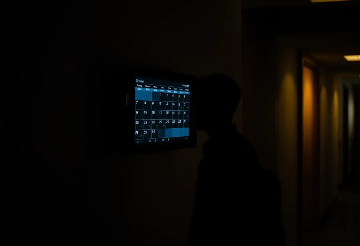Un profil d'une personne vérifiant un calendrier numérique accroché au mur dans un couloir sombre