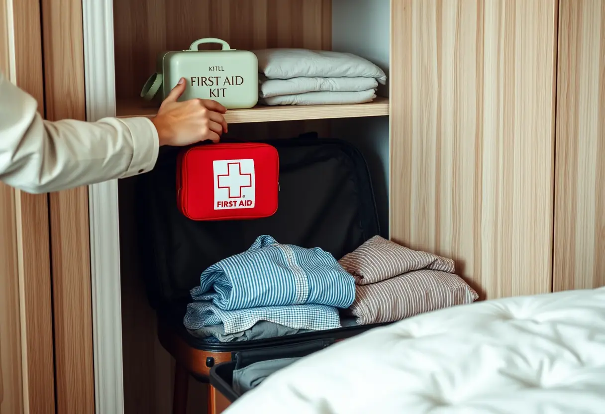 Un kit de premiers soins est posé sur une étagère d'une valise dans un placard de chambre à coucher, la valise étant partiellement ouverte et contenant des vêtements pliés avec soin