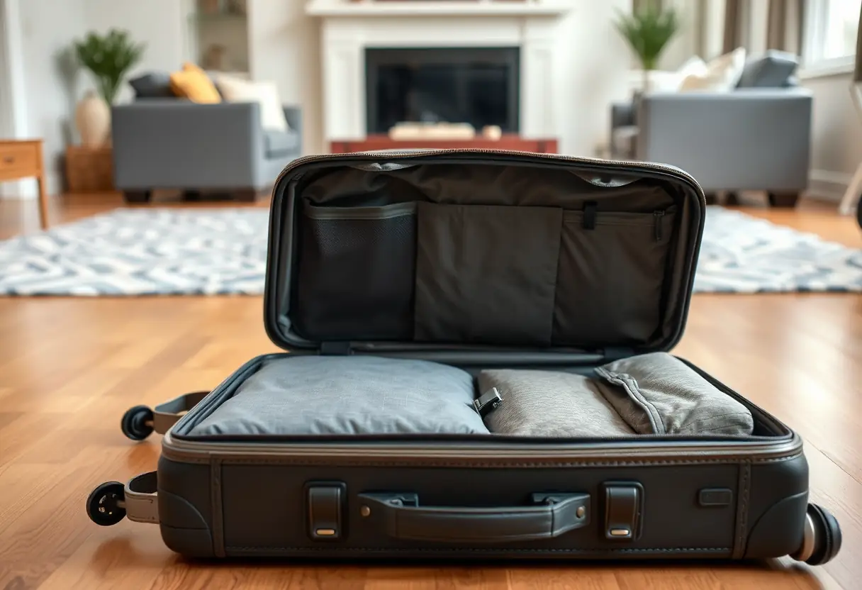 Une valise complètement fermée avec ses sangles et poignées est allongée sur un plancher en bois dur dans un salon, le couvercle de la valise montrant une série de cubes de rangement à l'intérieur