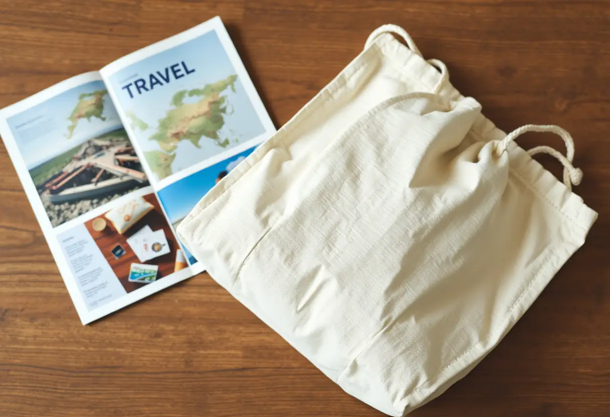 Un sac de voyage en tissu rectangulaire fermé à côté d'une brochure pliée sur une table en bois
