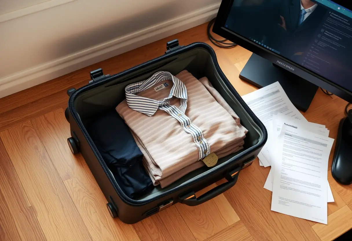 Une valise ouverte révélant des vêtements pliés posés près d'un ordinateur et de documents