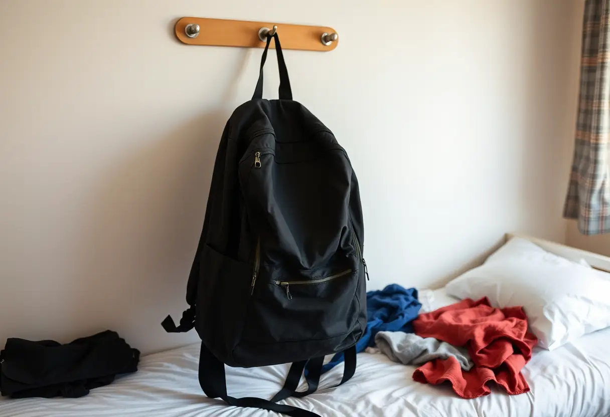 Un sac à dos accroché à un porte-manteau dans une chambre partagée, avec des vêtements éparpillés sur le lit