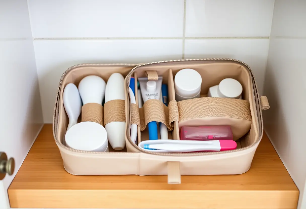 Un kit de toilette bien rangé avec plusieurs compartiments disposés sur une étagère de salle de bain, une brosse à dents visible dans un compartiment