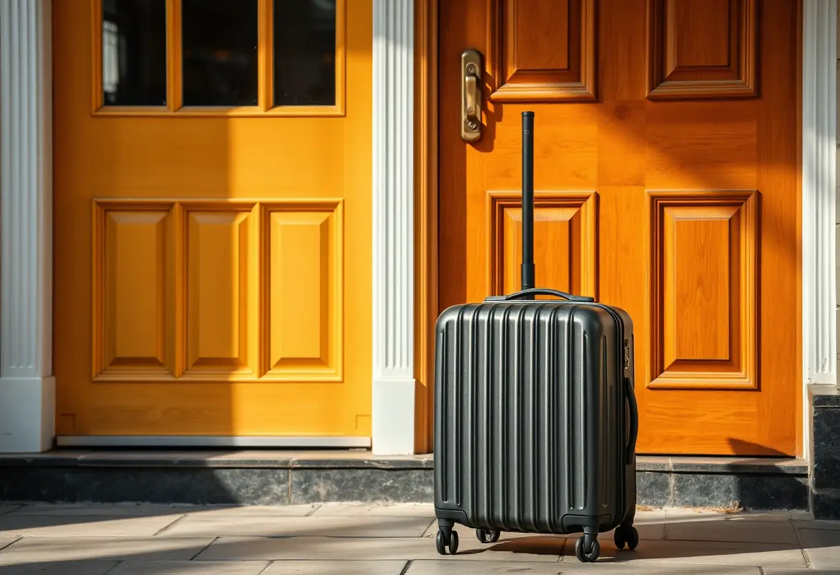 Une valise avec poignée télescopique stationnée près d'une porte d'entrée, la poignée partiellement étendue, prête pour le voyage
