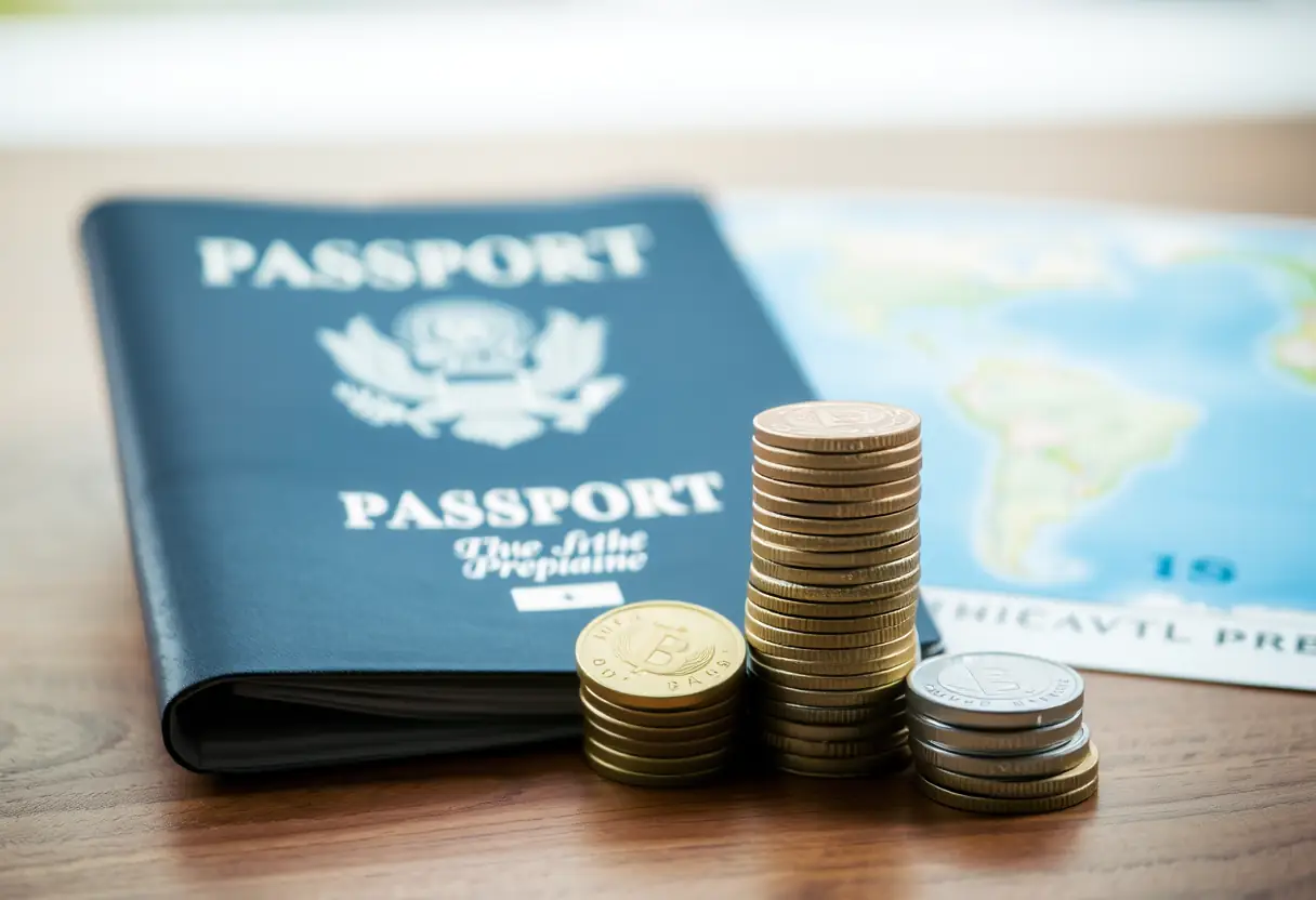 Un passeport plié et une pile de pièces de monnaie sur une table en bois, illustrant la préparation financière pour un voyage