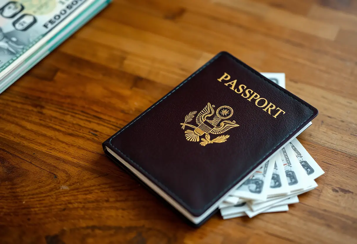 Un passeport en cuir ouvert sur une table en bois, à côté d'une pile de billets de banque