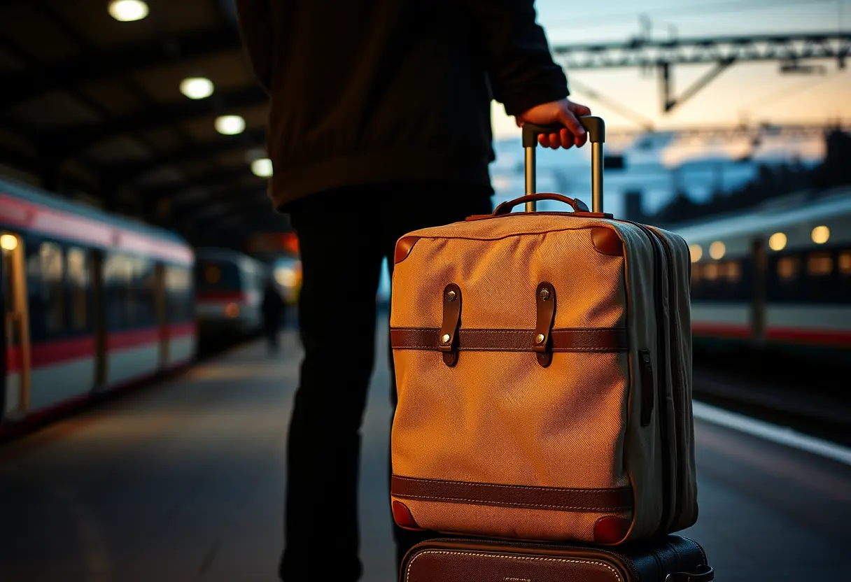 Un silhouettre vue de dos se tient près d'une valise en toile avec des sangles en cuir sur un quai de gare animé au crépuscule
