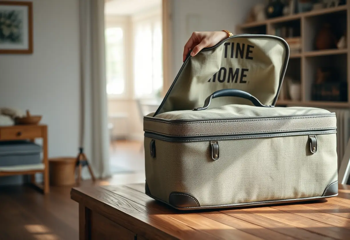 Une main refermant la fermeture à glissière d'une valise en tissu posée sur une table en bois à l'intérieur d'un domicile