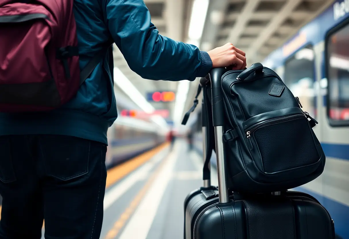 Un voyageur pose son sac à dos sur les barres à bagages d'un train dans une gare