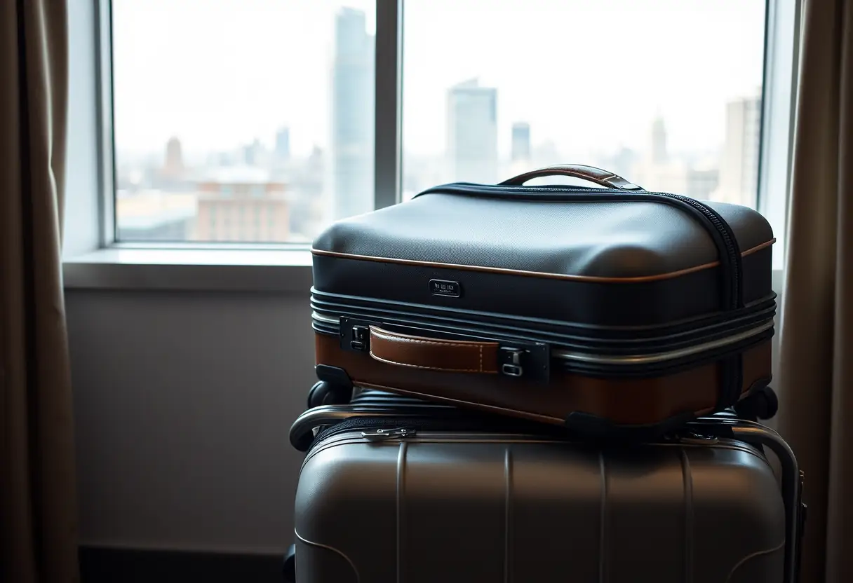 Une valise bien organisée posée sur un porte-bagages dans une chambre d'hôtel, avec un paysage urbain visible à travers la fenêtre