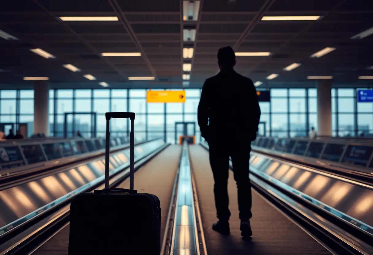 Un silhouetté vu de dos se tient près d'une valise sur un tapis de bagages à l'aéroport