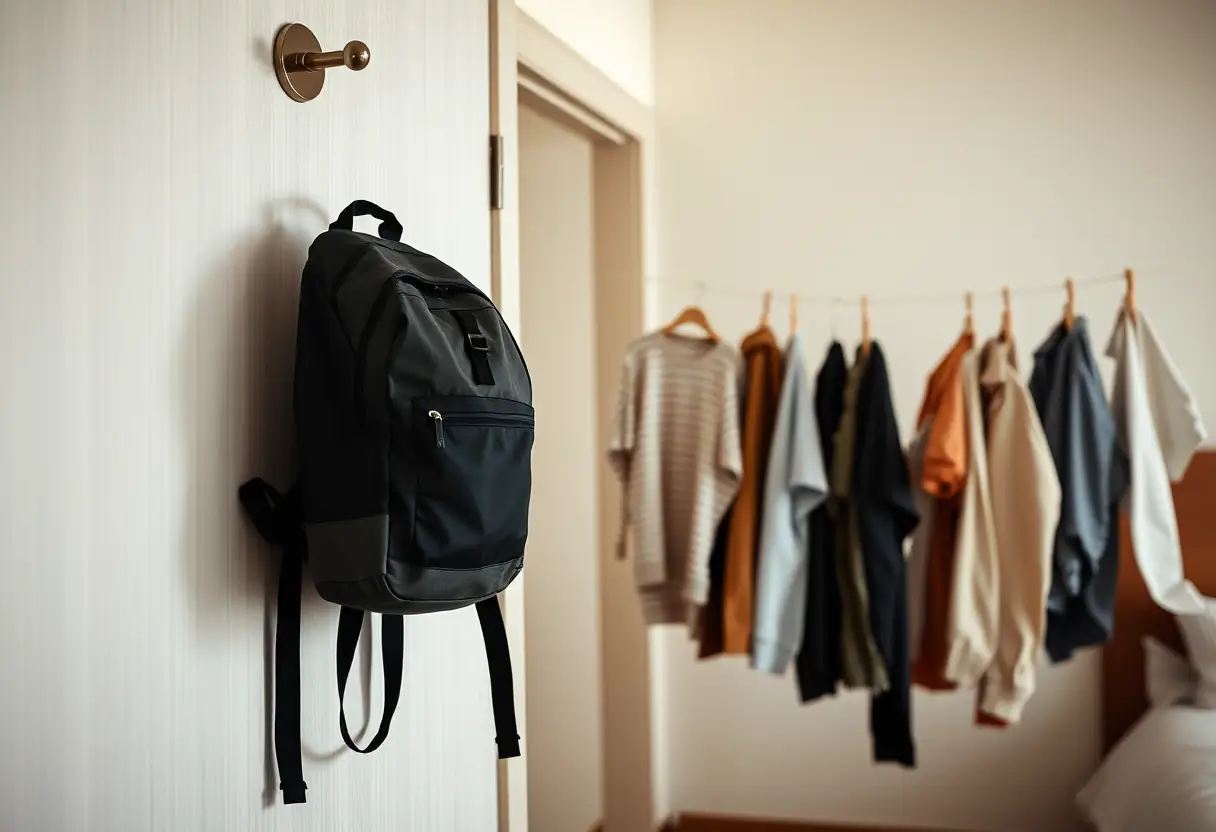 Un sac à dos accroché à un crochet dans une chambre d'hôtel, avec une corde à linge voisine portant divers vêtements.