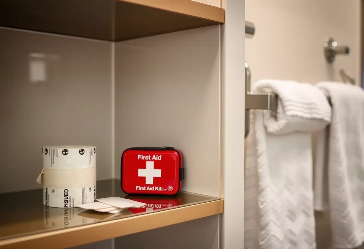 Un rouleau de bandes adhésives et une trousse de premiers soins sur une étagère dans la salle de bains d'un hôtel, avec des serviettes accrochées sur la barre voisine