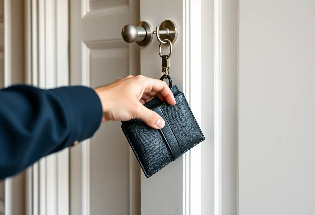 La main d'un voyageur tendue vers un porte-monnaie accroché à un crochet près de la porte.
