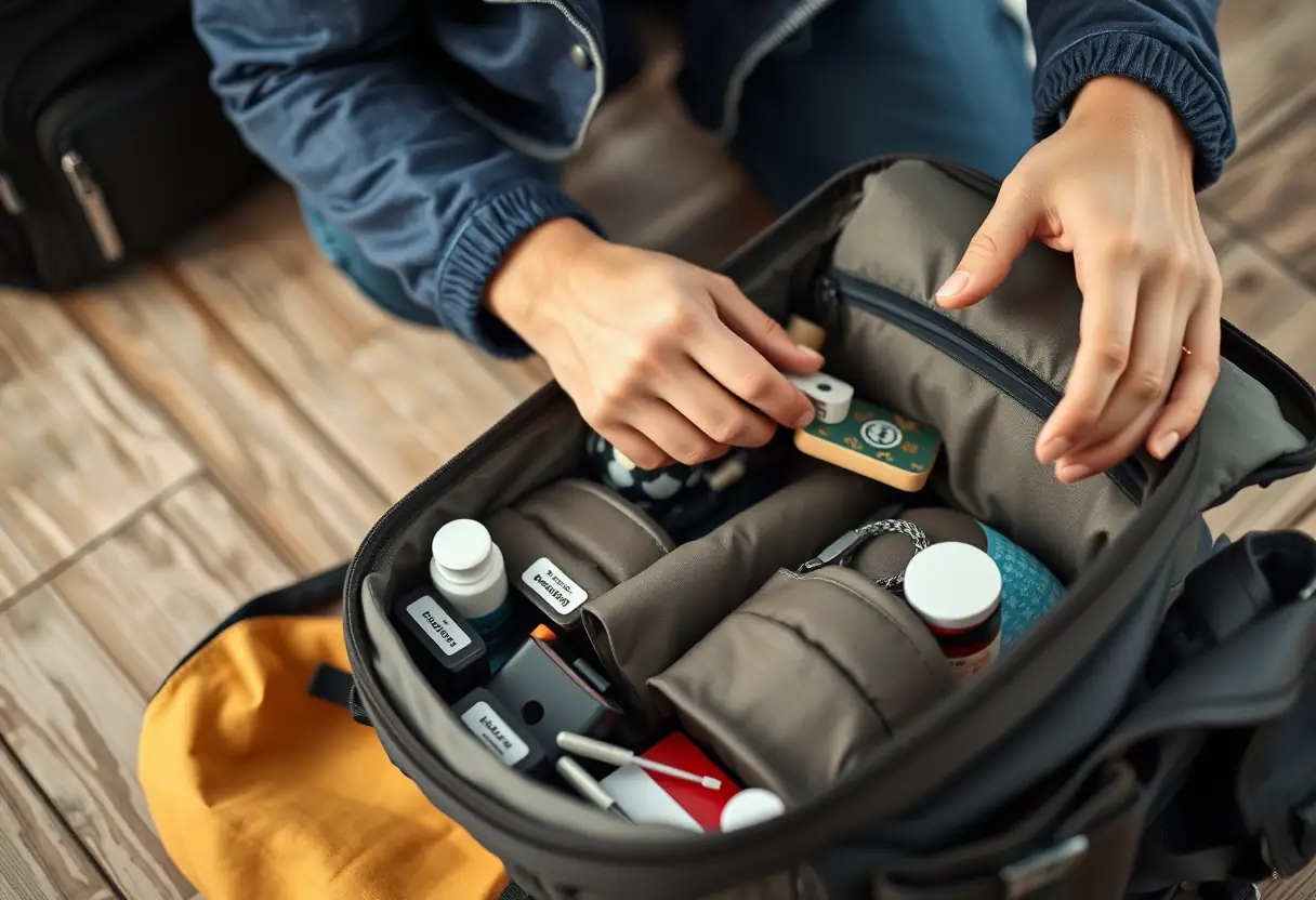 Un voyageur organise ses affaires dans un sac à dos de taille moyenne, en plaçant les essentiels dans des compartiments étiquetés