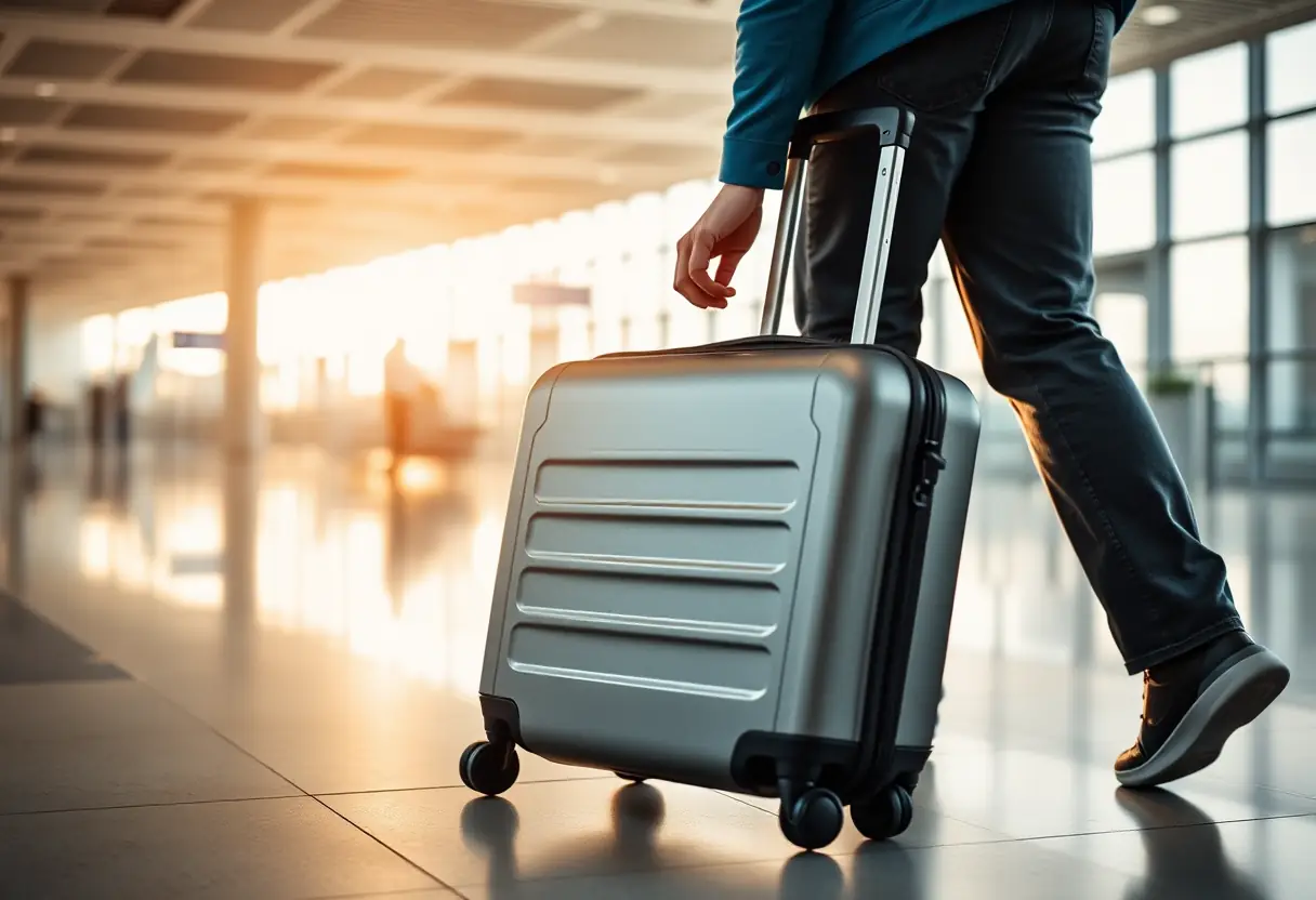 Une main humaine dézippant une grande valise rigide dans un terminal d'aéroport au petit matin