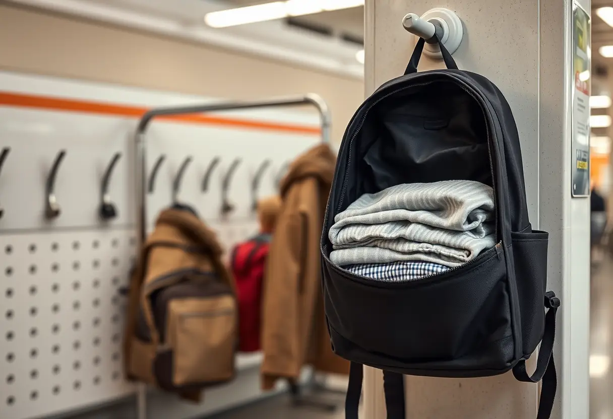 Un sac à dos accroché à une patère dans une salle d'attente de gare, le sac ouvert révélant des vêtements pliés avec soin à l'intérieur