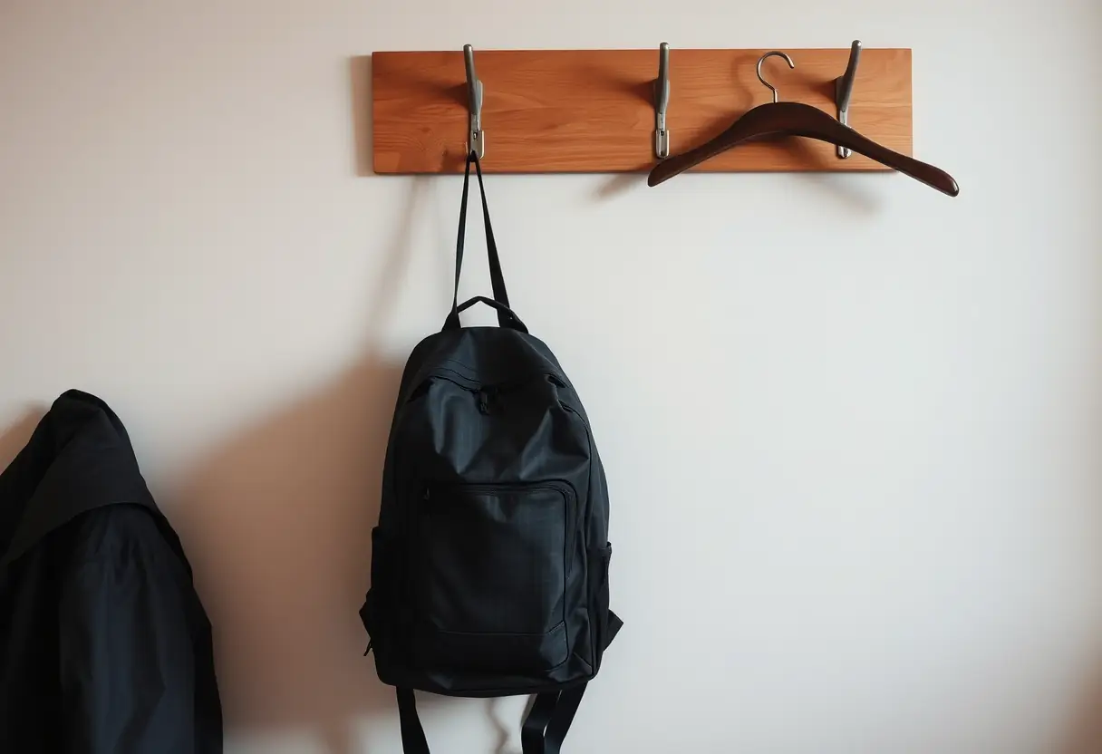 Un sac à dos accroché à une patère dans une salle d'attente de gare...