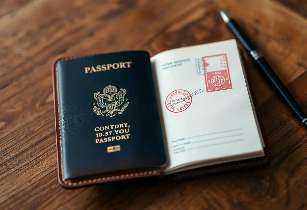 Un passeport en cuir ouvert sur une page avec un timbre d'un pays, posé sur une table en bois avec un stylo à côté