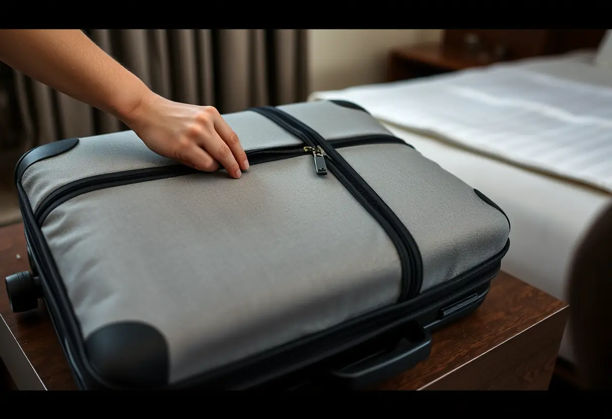 La main d'une personne en train de dézipper une valise en tissu fermée sur le bureau d'une chambre d'hôtel